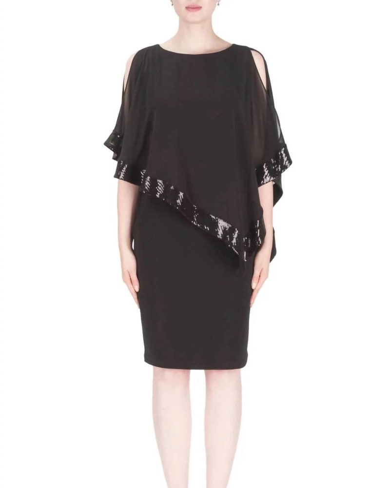 Front of a model wearing a size 10 Sheath Dress In Black in Black by Joseph Ribkoff. | dia_product_style_image_id:344671